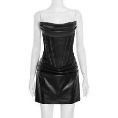 Pleated PU leather zip-up cami mini dress | Festival Outfits Women