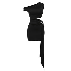 One shoulder hollow out knotted solid cut out mini dress | Festival Outfits Women