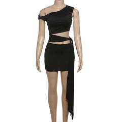 One shoulder hollow out knotted solid cut out mini dress | Festival Outfits Women
