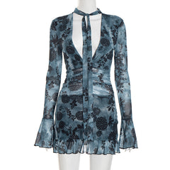 V neck long flared sleeve mesh flower print mini dress | Festival Outfits Women
