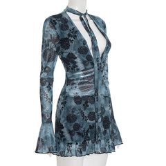 V neck long flared sleeve mesh flower print mini dress | Festival Outfits Women