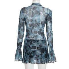 V neck long flared sleeve mesh flower print mini dress | Festival Outfits Women