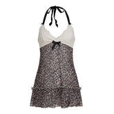 Halter v neck bowknot leopard print mesh mini dress | Festival Outfits Women | Leopard Print Mini Dress