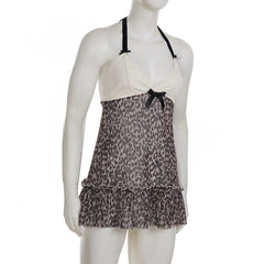 Halter v neck bowknot leopard print mesh mini dress | Festival Outfits Women | Leopard Print Mini Dress