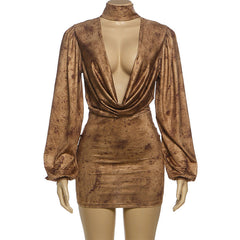 Cowl neck long sleeve high neck ruched mini dress | Festival Outfits Women