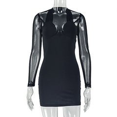 Long sleeve mesh patchwork padded mini dress | Festival Outfits Women