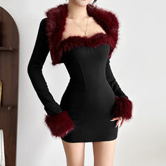 Long sleeve fluffy shrug 2 piece mini dress | Festival Outfits Women