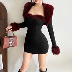 Long sleeve fluffy shrug 2 piece mini dress | Festival Outfits Women