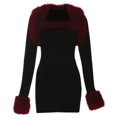 Long sleeve fluffy shrug 2 piece mini dress | Festival Outfits Women