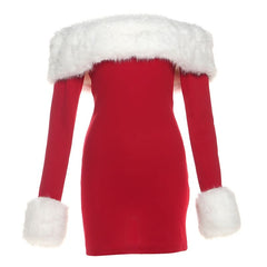 Off shoulder long sleeve fluffy mini dress | Festival Outfits Women