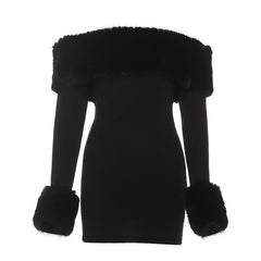 Off shoulder long sleeve fluffy mini dress | Festival Outfits Women