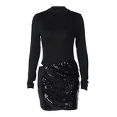 Long sleeve crewneck glitter hollow out cut out mini dress | Festival Outfits Women