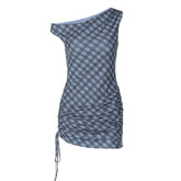 Plaid ruched drawstring irregular mini dress | Festival Outfits Women
