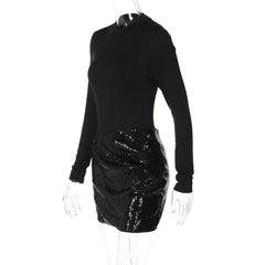 Long sleeve crewneck glitter hollow out cut out mini dress | Festival Outfits Women