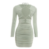 Ruched long sleeve hollow out self tie cut out mini dress | Festival Outfits Women