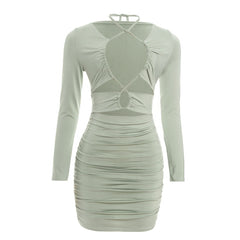 Ruched long sleeve hollow out self tie cut out mini dress | Festival Outfits Women