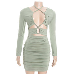 Ruched long sleeve hollow out self tie cut out mini dress | Festival Outfits Women