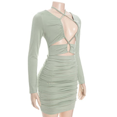 Ruched long sleeve hollow out self tie cut out mini dress | Festival Outfits Women
