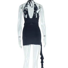 Halter ruffle backless self tie mini dress | Festival Outfits Women