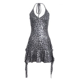 Halter v neck leopard print ruffle mini dress | Festival Outfits Women | Leopard Print Mini Dress