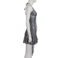 Halter v neck leopard print ruffle mini dress | Festival Outfits Women | Leopard Print Mini Dress