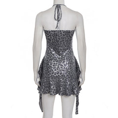 Halter v neck leopard print ruffle mini dress | Festival Outfits Women | Leopard Print Mini Dress