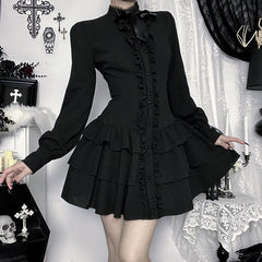 Bowknot long sleeve ruffle solid mini dress | Festival Outfits Women