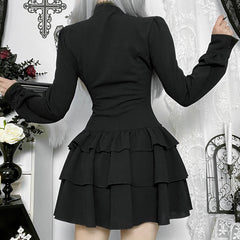 Bowknot long sleeve ruffle solid mini dress | Festival Outfits Women