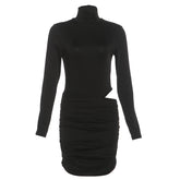 Ruched high neck long sleeve button mini dress | Festival Outfits Women
