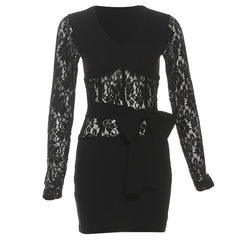 Long sleeve lace v neck bowknot mini dress | Festival Outfits Women