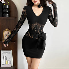Long sleeve lace v neck bowknot mini dress | Festival Outfits Women