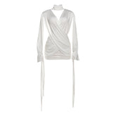 Hollow out v neck ruched long sleeve cut out mini dress | Festival Outfits Women