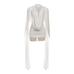 Mesh ruched crewneck solid mini dress | Festival Outfits Women
