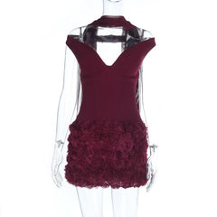 Off shoulder flower applique zip-up mini dress | Festival Outfits Women