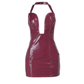 Notch neck PU leather zip-up halter mini dress | Festival Outfits Women