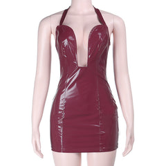 Notch neck PU leather zip-up halter mini dress | Festival Outfits Women