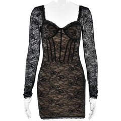 Lace long sleeve v neck backless mini dress | Festival Outfits Women