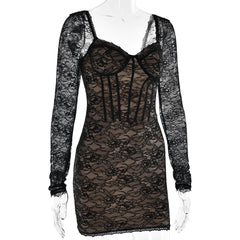 Lace long sleeve v neck backless mini dress | Festival Outfits Women