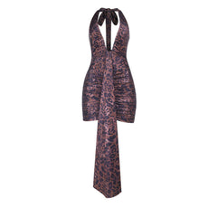 Leopard print v neck ruched halter self tie mini dress | Festival Outfits Women | Leopard Print Mini Dress