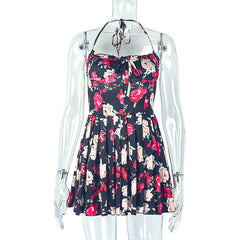 Self tie halter flower print ruched mini dress | Festival Outfits Women
