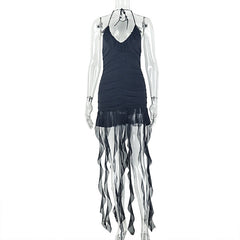 Halter self tie v neck ruched mini dress | Festival Outfits Women