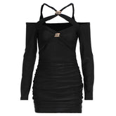 Cross front ruched long sleeve hollow out cut out mini dress | Festival Outfits Women