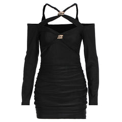 Cross front ruched long sleeve hollow out cut out mini dress | Festival Outfits Women