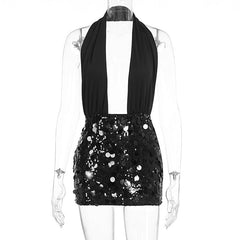 Halter glitter backless square neck mini dress | Festival Outfits Women