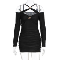 Cross front ruched long sleeve hollow out cut out mini dress | Festival Outfits Women
