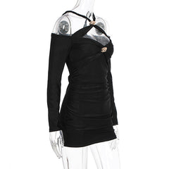 Cross front ruched long sleeve hollow out cut out mini dress | Festival Outfits Women
