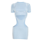 Hollow out crewneck short sleeve mesh cut out mini dress | Festival Outfits Women