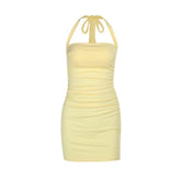 Ruched square neck halter self tie mini dress | Festival Outfits Women