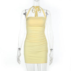 Ruched square neck halter self tie mini dress | Festival Outfits Women