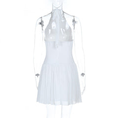 Halter self tie ruched backless solid mini dress | Festival Outfits Women